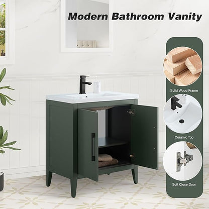 HomeBeyond 30 Inch Bathroom Vanity with Sink & Ceramic Top, Single Vanity Cabinet with Basin, Soft-Closing Doors & Matte Black Hardware, Vintage Green