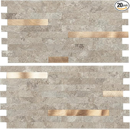 Art3d Faux Stone Peel & Stick Backsplash Tile, 20 pcs, Ecru Slate | PVC, Multi-Style Decor Sheets, Waterproof, Traceless Peel, No Wall Damage, Ideal for Kitchen