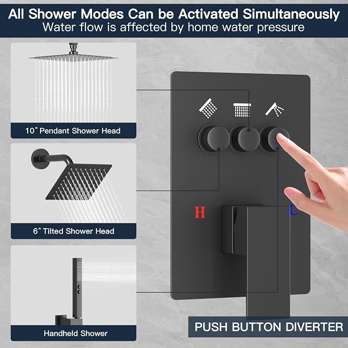 Shower Faucet Set Shower System, Push Button Diverter Shower Faucet | with 2 in 1 Handheld Shower Ceiling Mount 10 Inch Shower Head with 6 Inch Wall Mount Shower Head Double Matte Black