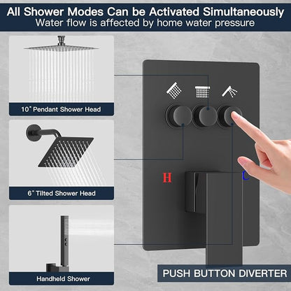 Shower Faucet Set Shower System, Push Button Diverter Shower Faucet | with 2 in 1 Handheld Shower Ceiling Mount 10 Inch Shower Head with 6 Inch Wall Mount Shower Head Double Matte Black