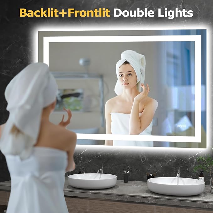 Hivone 48"X32" LED Bathroom Mirror with Lights, Anti-Fog, Dimmable, Backlit + Front Lit, Smart Bathroom Vanity Mirror, Memory Function, Shatterproof, Tempered Glass (Horizontal/Vertical)