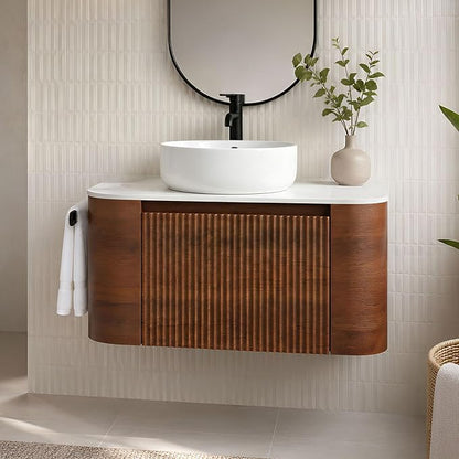 30" Preassembled Floating Bathroom Vanity with Round Sink, Walnut | Mid-Century Modern Style, Fluted & Soft-Close Drawer with U-shaped Wall, Sinterted Stone Countertop, Towel Rack Included