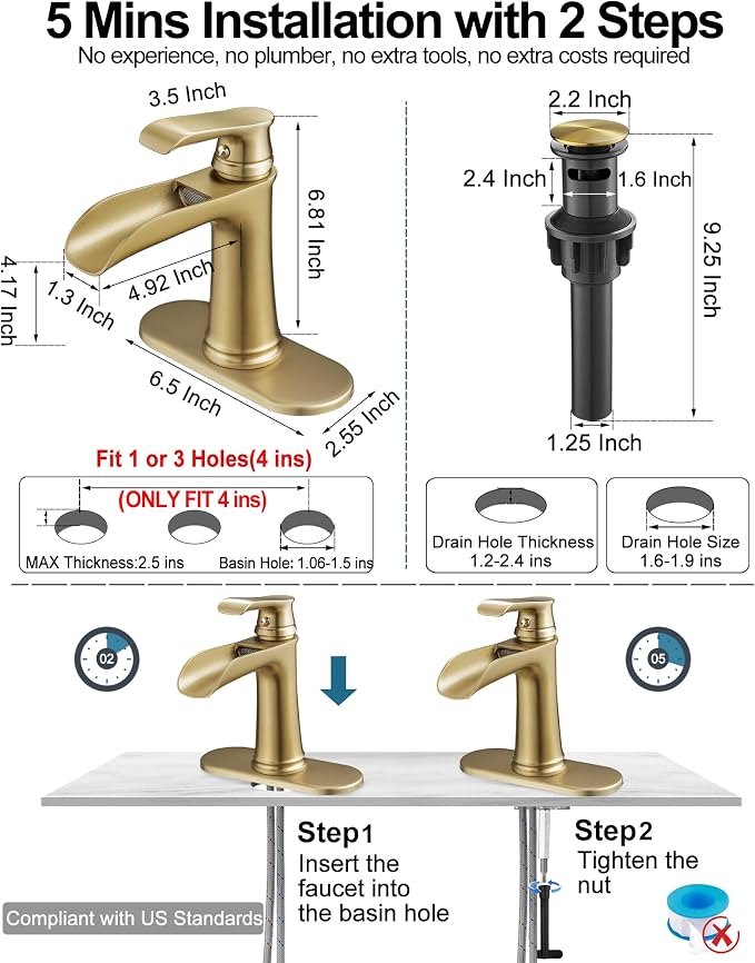 Waterfall Faucet, Brass Gold Bathroom Faucet 1 Hole, 1 Handle Bathroom Faucets for Sink 3 Hole (4 Inch) with Pop-up Drain, Hoses & Deck Plate