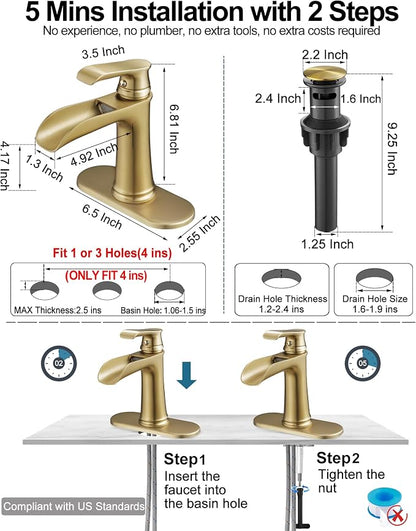 Waterfall Faucet, Brass Gold Bathroom Faucet 1 Hole, 1 Handle Bathroom Faucets for Sink 3 Hole (4 Inch) with Pop-up Drain, Hoses & Deck Plate