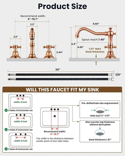 gotonovo 3 Hole 8’’ Widespread Bathroom Sink Faucet Rose Gold | Vintage Bathroom Faucet,2 Cross Handle,6-16’’ Sink,Vanity,Basin,RV,Farmhouse,SUS304,24’’ cUPC Hose Pop Up Drain,Deck Mount