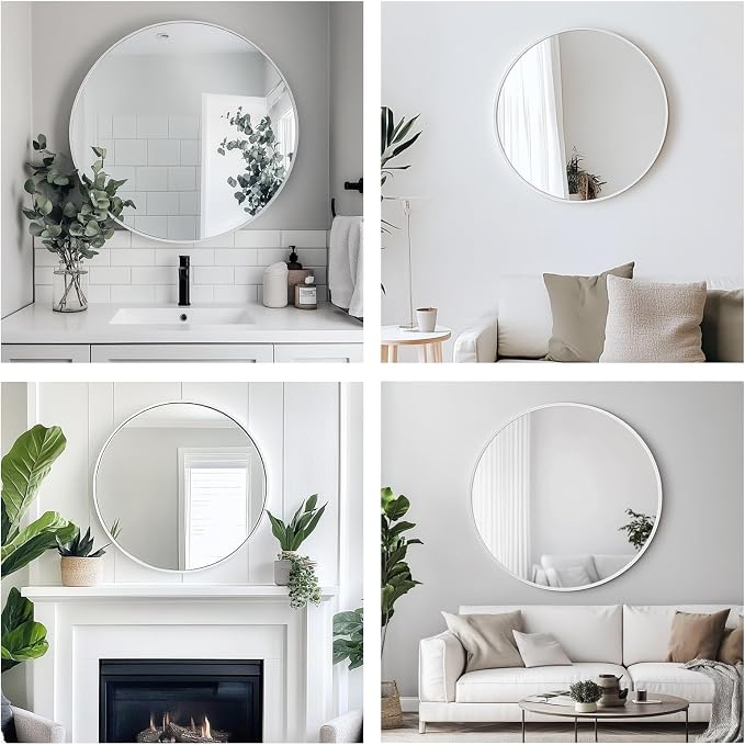 Small Round Mirror, 18 inch White Circle Mirror, White Metal Frame | High Definition, Waterproof, Rust-resistant, Circular Wall Mirrors for Bathroom, Bedroom, Vanity, Nursery, Kids, Wall Décor