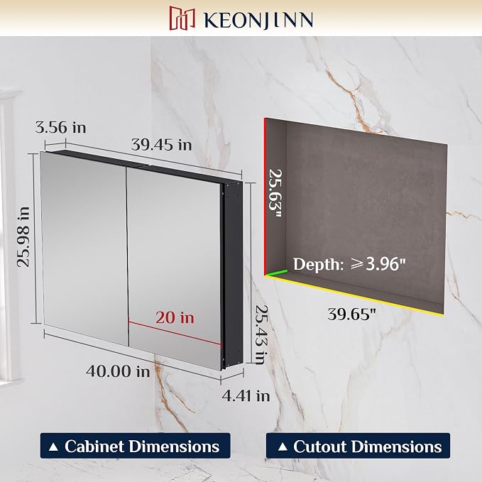 Keonjinn 40"x 26" Large Black Medicine Cabinet Mirror, HD Tempered Glass | Assembly Needed, Lightweight Aluminum Frame, Freely Adjustable Shelves, Surface Mount or Recessed, Soft Close, 3 Doors