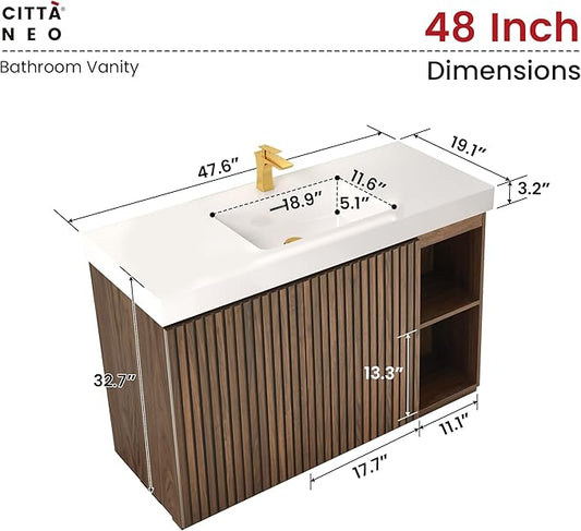 48" Bathroom Vanity with Sink, Freestanding Single Sink Bathroom Vanity with White Engineered Stone Top & Open Side Storage, Soft-Closing Doors with Adjustable Shelf, Walnut
