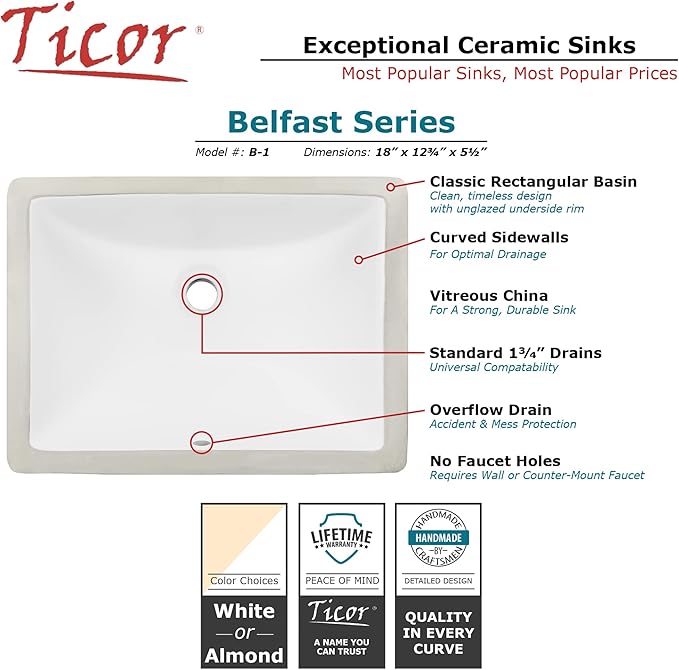 Ticor 18" Square White Porcelain Undermount Bathroom Vanity Sink Ceramic (2 Pack)