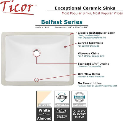 Ticor 18" Square White Porcelain Undermount Bathroom Vanity Sink Ceramic (2 Pack)