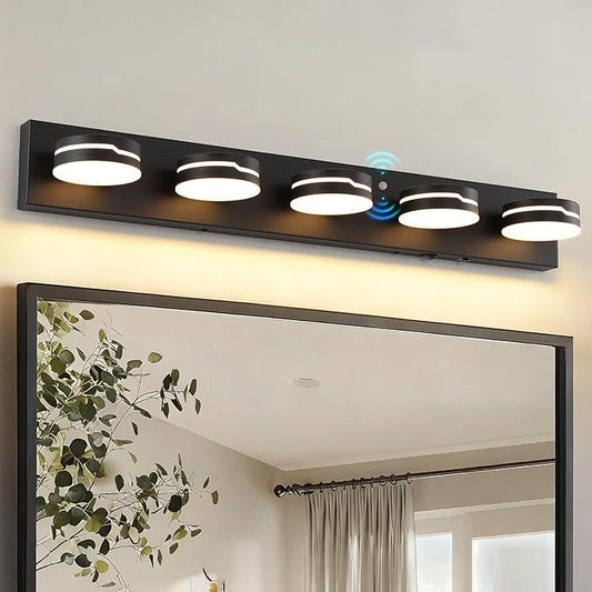 32" Motion Sensor Vanity Light, Matte Black 3CCT 5-Light Modern LED Bathroom Lighting Fixtures Over Mirror, Rotatable Head, Dimmable 3000K-6000K Color Changing Wall Sconce