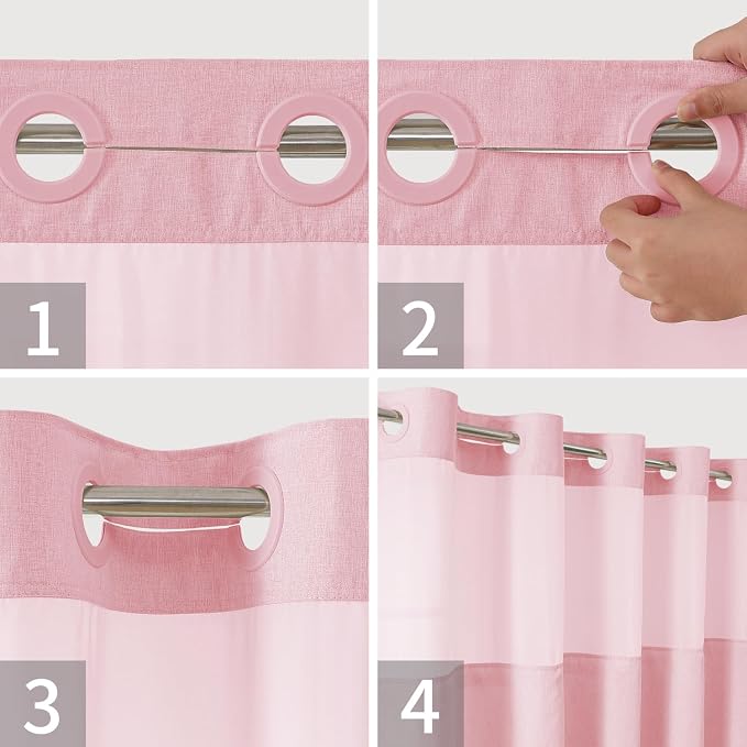 eachope No Hook Linen Texture Shower Curtain with Snap-in Liner,71x86 Pink | Extra Long,230GSM Thick Fabric,Hotel Luxury Decor,Mesh Top Window,Bottom Magnetic,Waterproof & Machine Washable,for Bathroom
