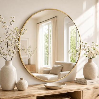 Garvee 20 Inch Round Wall Mirror, Gold Metal Frame, Modern & Minimali | Round mirror with gold metal frame for bathroom entryway vanity and bedroom decor Easy to install on the wall