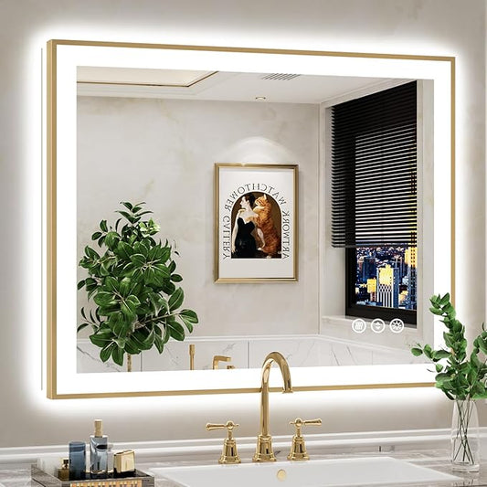 40x32 Inch LED Bathroom Mirror with Lights (Front Lit and Backlit) Gold Framed Lighted Vanity Mirror for Bathroom Wall Dimmable Anti-Fog Memory Tempered Glass Horizontal/Vertical