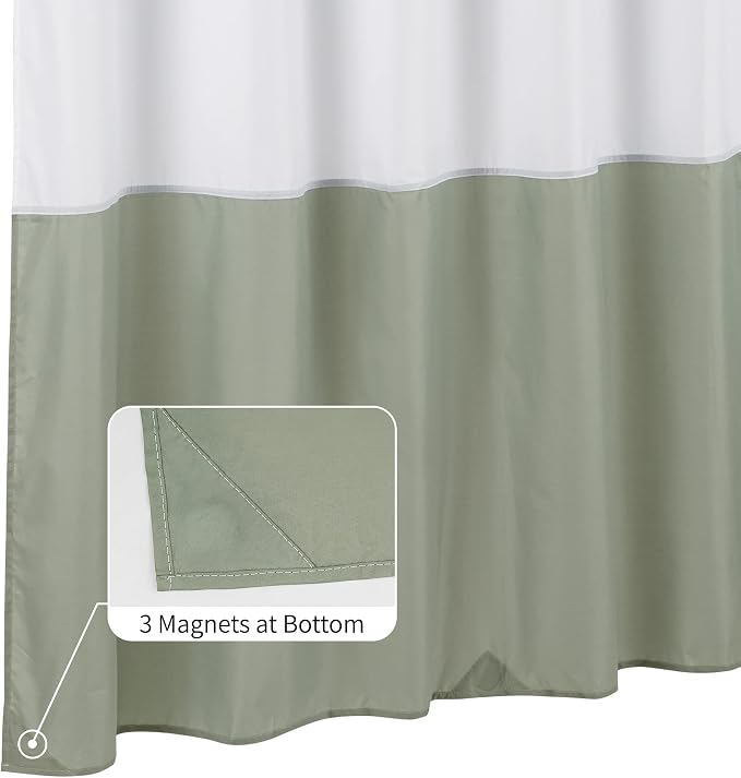 ALYVIA SPRING Waterproof Fabric Shower Curtain or Liner White/Sage, 72x72 | 3 Magnets, Soft Cloth & Hotel Quality, Machine Washable, Light-Weight, Standard Size