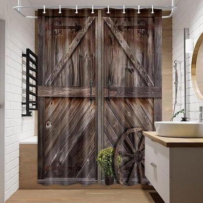 Brown Wooden Barn Door Shower Curtain,Rustic Small Woodland Farmhouse Bath Curtain Sets for Camper, Vintage Countryside RV Shower Curtain with Hooks 47X64 in