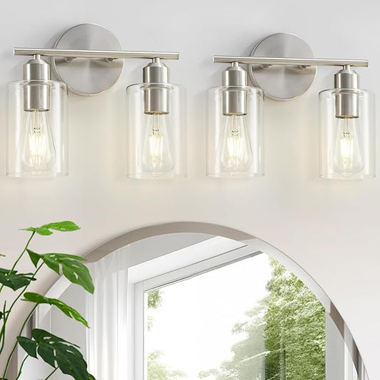 Bathroom Light Fixtures, 2-Light Brushed Nickel Vanity Lights for Bathroom, Modern Bathroom Lighting Fixtures Over Mirror with Clear Glass Shade, Wall Sconce Lighting for Hallway - 2Pack