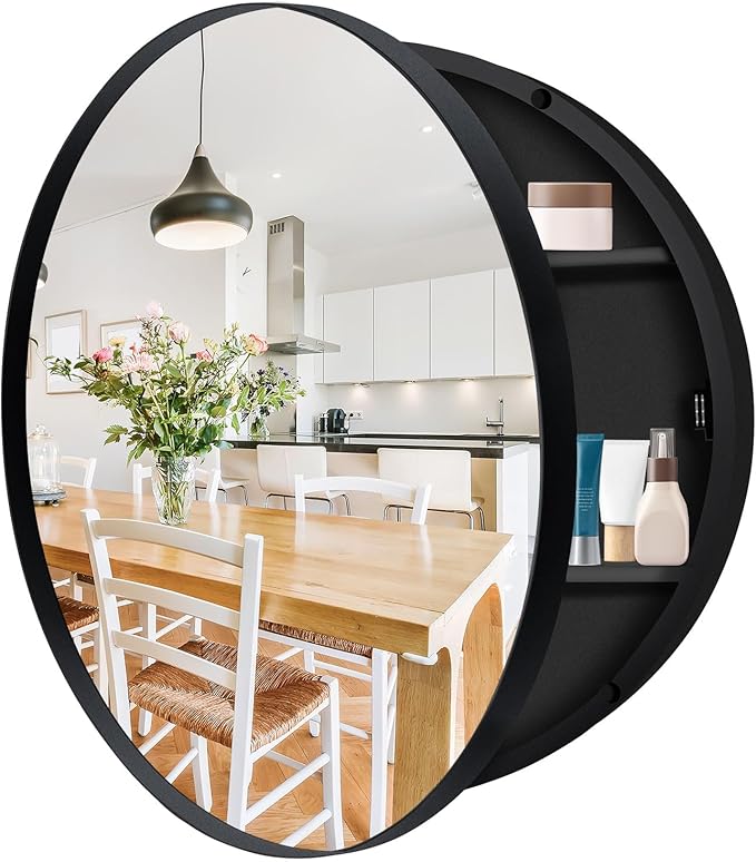 24 x 24 Inch Round Medicine Cabinet with Mirror, Surface Mount Only, Black Metal Frame Bathroom Mirror Cabinet, Modern Shatterproof Vanity Mirror with Storage