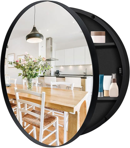 24 x 24 Inch Round Medicine Cabinet with Mirror, Surface Mount Only, Black Metal Frame Bathroom Mirror Cabinet, Modern Shatterproof Vanity Mirror with Storage