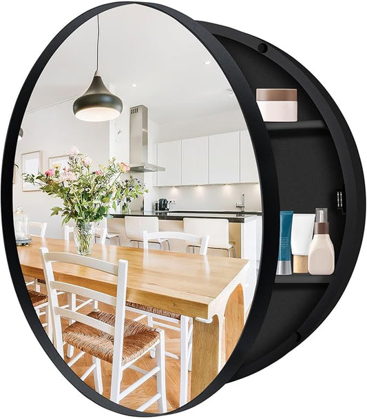 24 x 24 Inch Round Medicine Cabinet with Mirror, Surface Mount Only, Black Metal Frame Bathroom Mirror Cabinet, Modern Shatterproof Vanity Mirror with Storage