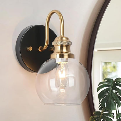 KSANA Black Gold Sconce, Modern Globe Wall Sconces Lighting with Clear Glass Shade, 1-Light Brass Wall Mounted Light Fixture for Bathroom, Kitchen, Bedroom and Stairway