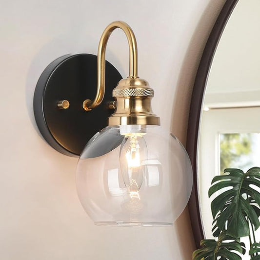 KSANA Black Gold Sconce, Modern Globe Wall Sconces Lighting with Clear Glass Shade, 1-Light Brass Wall Mounted Light Fixture for Bathroom, Kitchen, Bedroom and Stairway