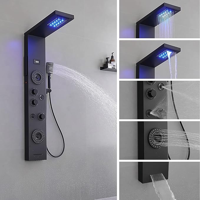 BWE Shower Panel with LED Rainfall Waterfall Shower 6-Function Faucet 4 Mist Jets 2 Body Sprays with Handheld and Waterfall Tub Spout Shower Tower System Matte Black