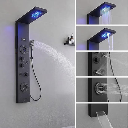 BWE Shower Panel with LED Rainfall Waterfall Shower 6-Function Faucet 4 Mist Jets 2 Body Sprays with Handheld and Waterfall Tub Spout Shower Tower System Matte Black
