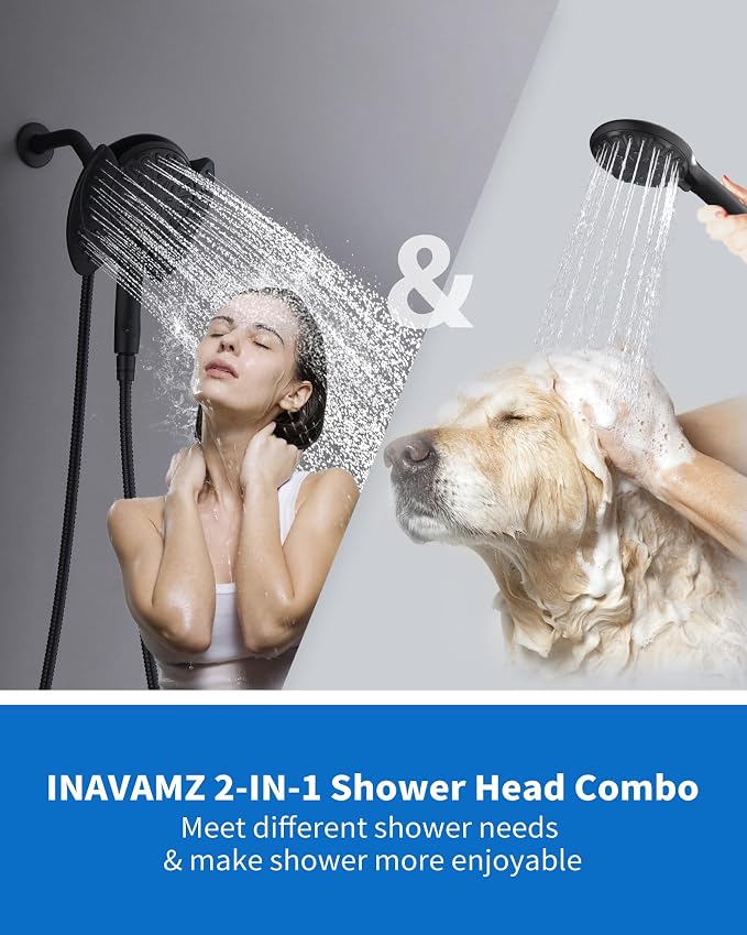 2 in 1 Shower Head with Handheld Combo High Pressure Black 2.5 GPM | 7.2" Rain Showerhead and 9 Spray Hand Held Shower, Adjustable Shower Angle, 59-inch Rotatable Stainless Steel Hose