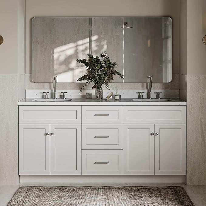 ARIEL Hamlet 72-inch Bathroom Vanity with Sink,Solid Wood, 1.5-inch Carrara White Quartz Countertop & Backsplash, Double Rectangular Porcelain Sink, 4 Soft Closing Doors, 3 Dovetail Drawers, White