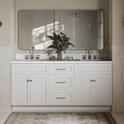 ARIEL Hamlet 72-inch Bathroom Vanity with Sink,Solid Wood, 1.5-inch Carrara White Quartz Countertop & Backsplash, Double Rectangular Porcelain Sink, 4 Soft Closing Doors, 3 Dovetail Drawers, White