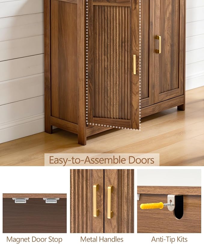Wood Buffet Storage Cabinet, 3-Door Sideboard Credenza with Fluted Doors & Adjustable Shelves, Freestanding Coffee Bar Cabinet for Kitchen, Living Room, Walnut Brown