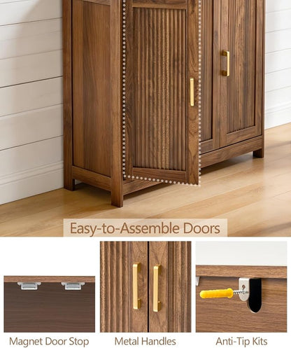 Wood Buffet Storage Cabinet, 3-Door Sideboard Credenza with Fluted Doors & Adjustable Shelves, Freestanding Coffee Bar Cabinet for Kitchen, Living Room, Walnut Brown