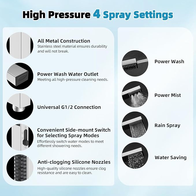 Hibbent 12'' Rainfall Shower Head with 4-mode Handheld Shower Spray, Chrome | cUPC Certified High Pressure Showerhead Combo, 12'' Adjustable Extension Arm, Extension Bar, Easy Reach Holder, 71'' Hose