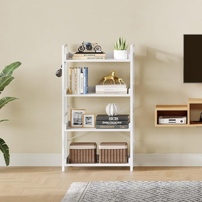 Rolanstar Bookshelf 4 Tier with 4 Hooks, Industrial Wood Bookcase, Vintage Storage Rack with Open Shelves, Rustic Standing Bookshelves Metal Frame Display Rack for Living Room, Bedroom, White