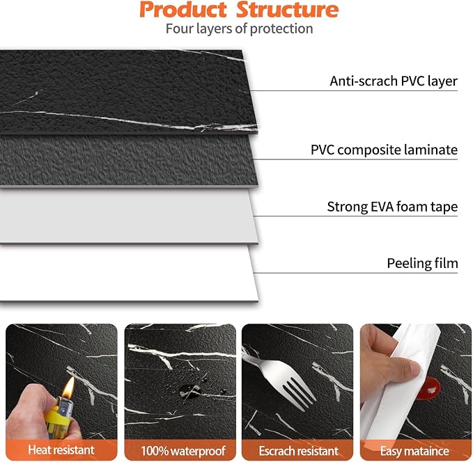 80-Piece Black Marquina Peel and Stick Backsplash Tile, 2"x 8" PVC Subway Tiles, Stick on Backsplash for Kitchen/Bathroom/Fireplace
