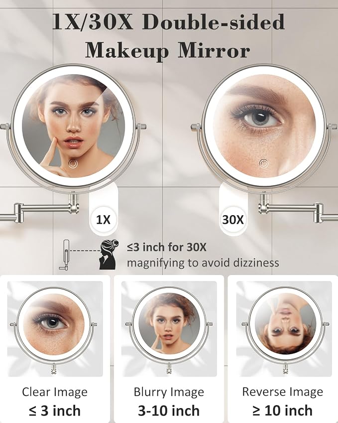 9'' 30X/1X Wall Mounted Height Adjustable Lighted Magnifying Makeup Mirror | 5000mAh Rechargeable Bathroom Mirror with 3 Color Modes Light, Extended Arm Space Saving for Apartment, Hotel, Rental House