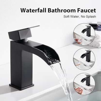 Faustina Black Waterfall Bathroom Faucet 1 Hole Single Handle,Wide Open Spout Waterfall Bathroom Faucet with Pop Up Drain,Stainless Steel Utility Sink Faucet Bathroom Vanity Faucet Basin Mixer Tap