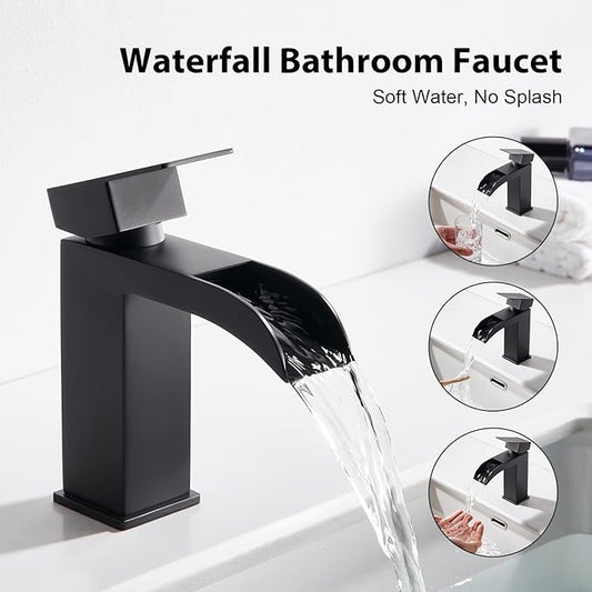 Faustina Black Waterfall Bathroom Faucet 1 Hole Single Handle,Wide Open Spout Waterfall Bathroom Faucet with Pop Up Drain,Stainless Steel Utility Sink Faucet Bathroom Vanity Faucet Basin Mixer Tap