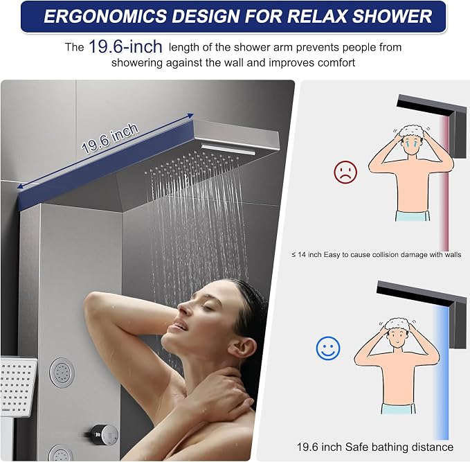 ROVATE 4-in-1 Rainfall Waterfall Shower Panel Tower System, Brushed Finish | Shower Column with Body Massage Jets and Handheld, Stainless Steel High Pressure, Use Multiple Functions Simultaneously