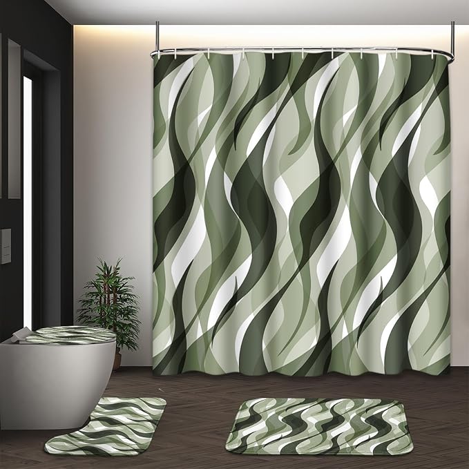 Bathroom Sets with Shower Curtain and Rugs, 4 Pcs, Green Geometric | Abstract Ombre Modern Bathroom Decor Set with Toilet Lid Cover, Non-Slip Bath Mats and Accessories 12 Hooks