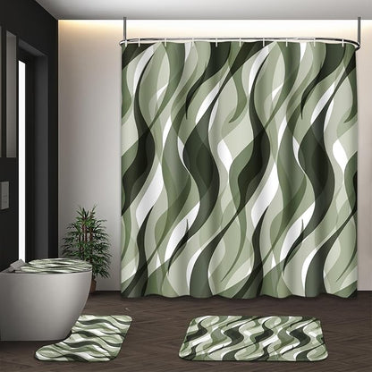 Bathroom Sets with Shower Curtain and Rugs, 4 Pcs, Green Geometric | Abstract Ombre Modern Bathroom Decor Set with Toilet Lid Cover, Non-Slip Bath Mats and Accessories 12 Hooks