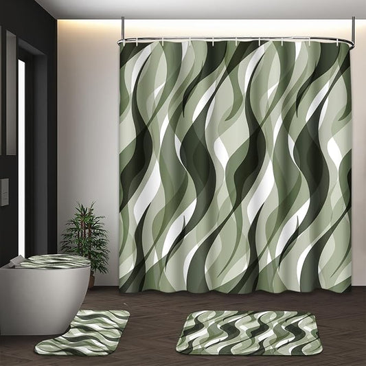 Bathroom Sets with Shower Curtain and Rugs, 4 Pcs, Green Geometric | Abstract Ombre Modern Bathroom Decor Set with Toilet Lid Cover, Non-Slip Bath Mats and Accessories 12 Hooks