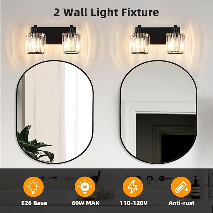 2 Lights Crystal Bathroom Vanity Light Modern Black Bathroom Light Fixture Over Mirror Vanity Lights for Bedroom,Restroom,Hallway E26 Base
