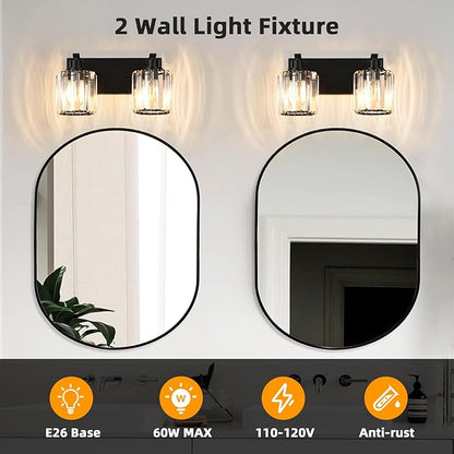 2 Lights Crystal Bathroom Vanity Light Modern Black Bathroom Light Fixture Over Mirror Vanity Lights for Bedroom,Restroom,Hallway E26 Base