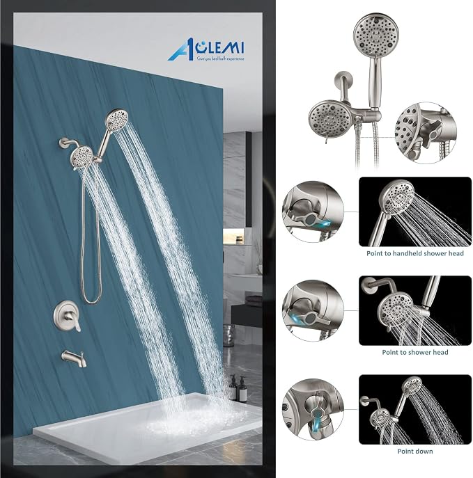 Aolemi Tub Shower Faucet Set Dual 8 Mode Head Valve Kit Brushed Nickel | Valve and Trim Kit, ABS Shower Head and Handheld System, Bathroom Bath Tub Spout 6.3",SUS304,Single Handle