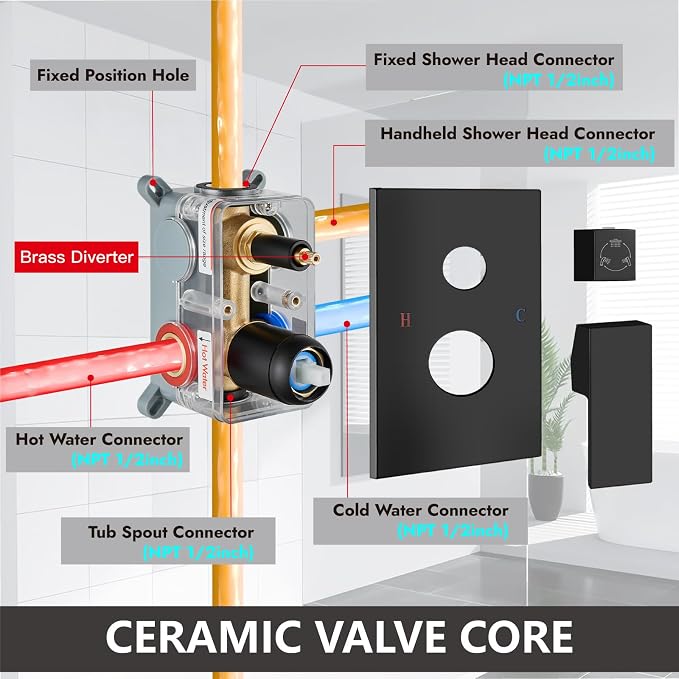 Midanya Shower System with Tub Spout,10 Inch Shower Head,Matte Black | with Valve & Trim Kit,Square Rain Head,Handheld Sprayer,Waterfall Spout,All Metal Wall Mount Bathroom Shower Tub Faucet Set