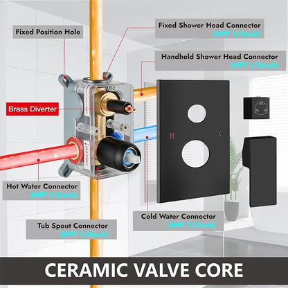 Midanya Shower System with Tub Spout,10 Inch Shower Head,Matte Black | with Valve & Trim Kit,Square Rain Head,Handheld Sprayer,Waterfall Spout,All Metal Wall Mount Bathroom Shower Tub Faucet Set