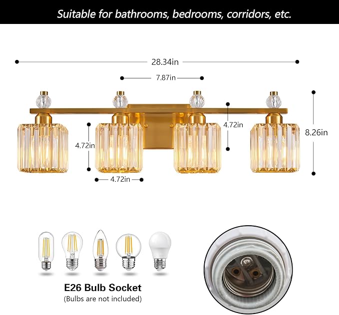 Vanity Lights 4-Light Modern Crystal Vanity Light Gold Bathroom Light Fixtures Over Mirror Crystal Bathroom Vanity Lighting Fixtures