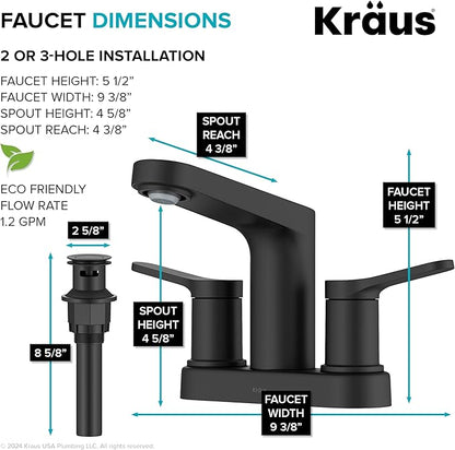 KRAUS Indy Centerset Bathroom Faucet in Matte Black with 2 Handles, Pop Up Drain and Supply Lines, FUS-14102MB